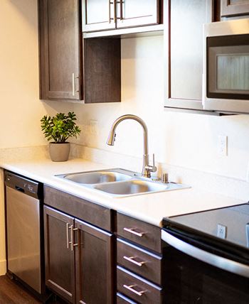 Kitchen sink area near stove